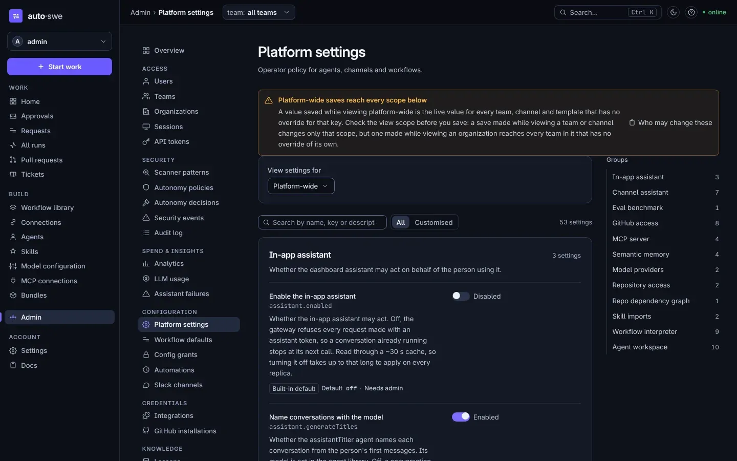 The platform settings form, each setting showing its key, default, and which scope its value came from.