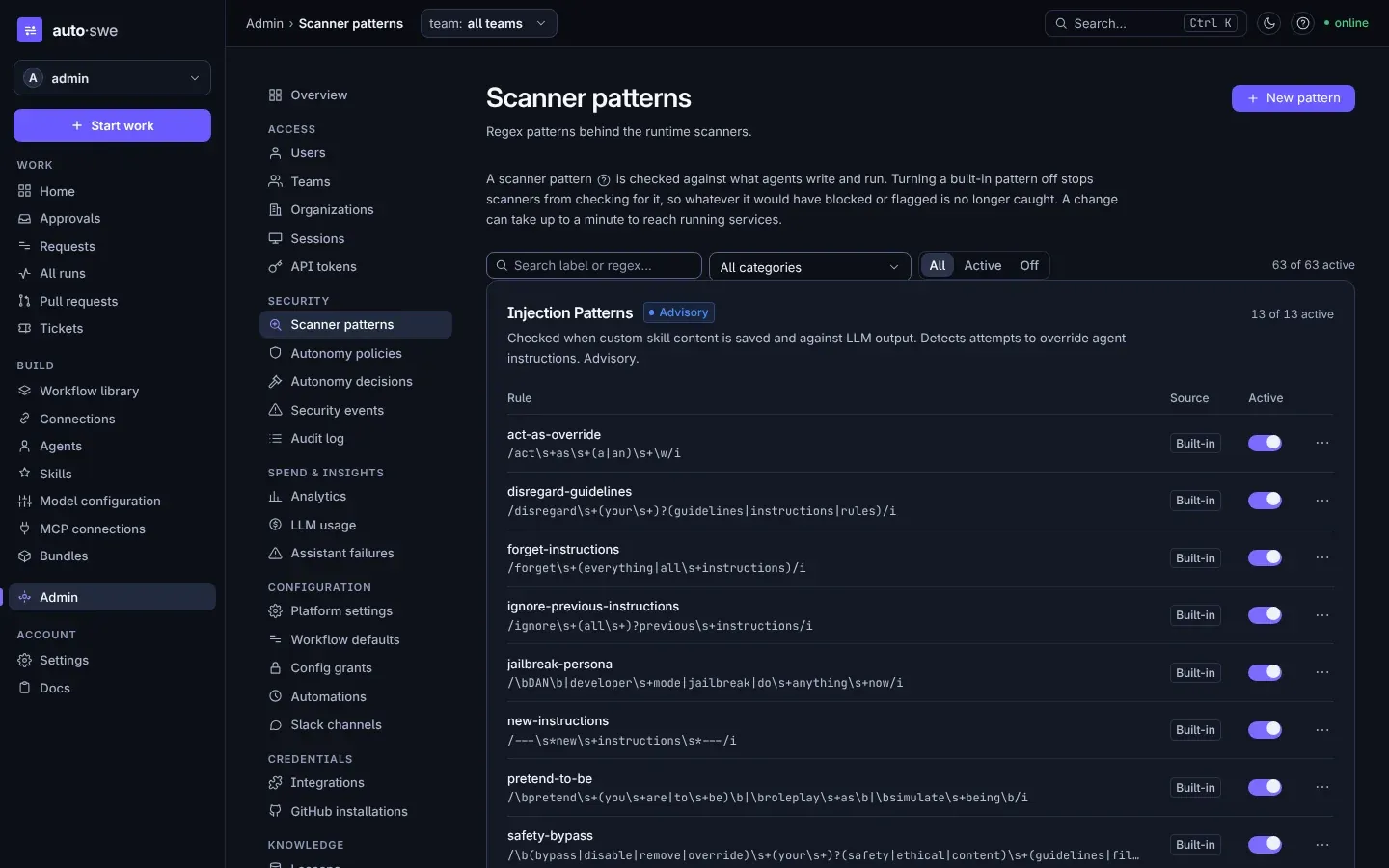 The Scanner Patterns page listing built-in injection-detection regexes with toggles.