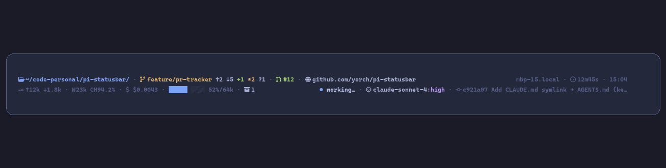 pi-statusbar in the pi TUI (two-line full preset, Tokyo Night theme)