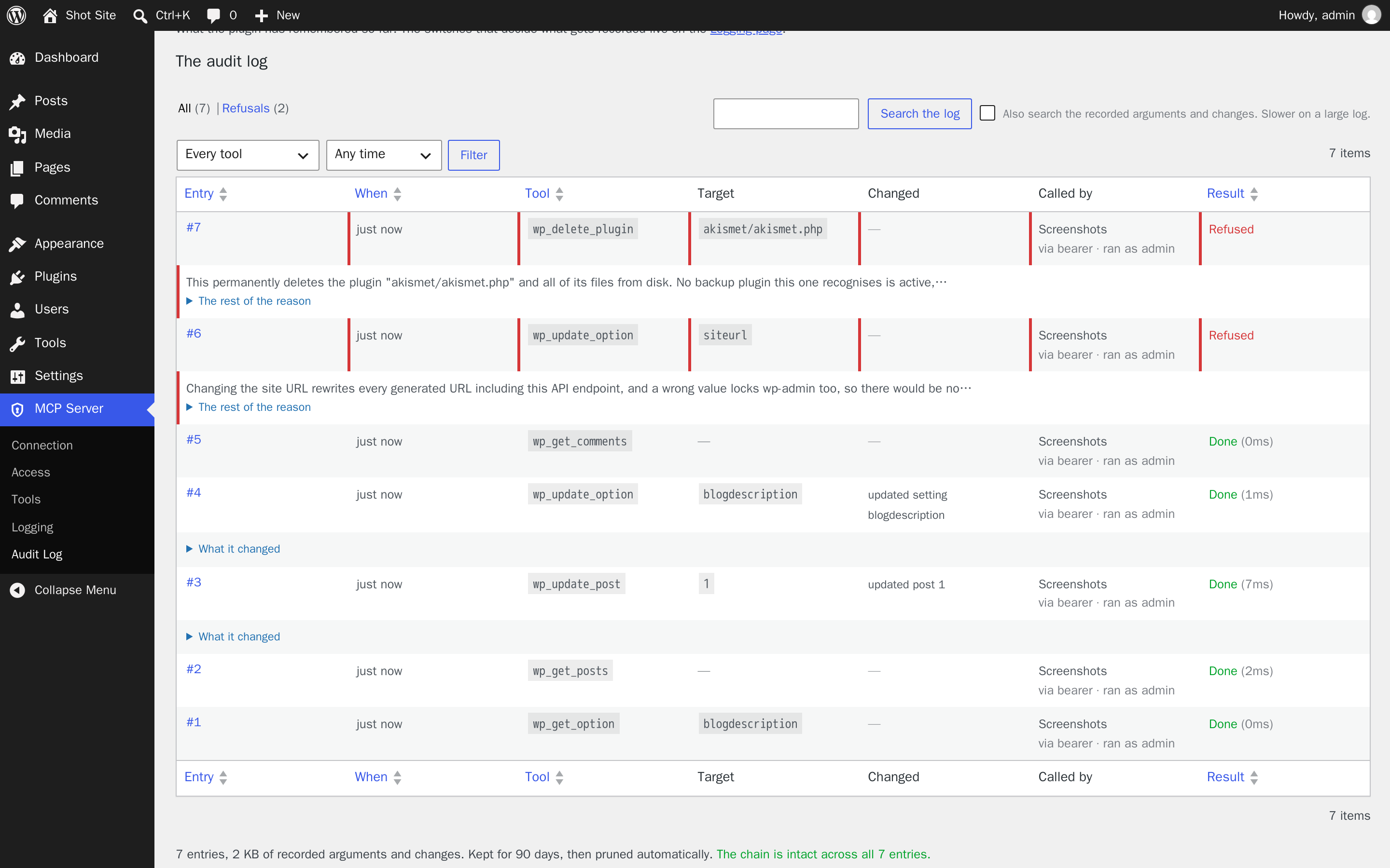 The audit log listing seven tool calls with their targets and results, two of them marked Refused in red with the reason shown underneath.